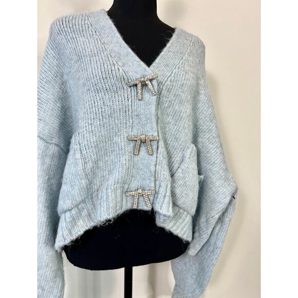 Zara‎ Blogger Fav Knit Cardigan Sweater in Blue Large Jewel Bow Rhinestone Knit - Picture 6 of 8